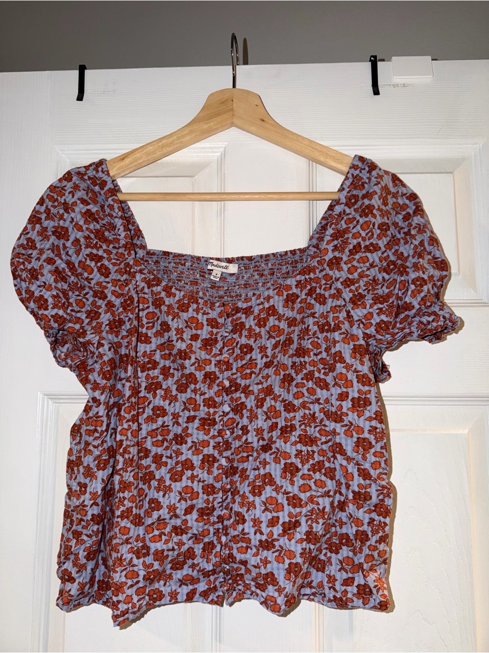 Madewell Blue Puff-Sleeve Smocked Top with Rust Floral Print